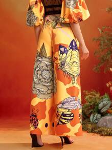 ISELACOS Frida Kahlo X SHEIN X Designer 花卉和昆虫印花褶皱阔腿及地长裤，女夏季花卉印花裤橙色裤子女阔腿裤蝴蝶印花裤花裤昆虫印花裤高腰裤印花裤 - 黃色 - 查看 2