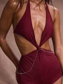 MUSERA Halterneck Plunge Front Twist Hotpant Unitard With Trim Summer Vacation Holiday Beach Rave Club Sexy Elegant Romantic Festival Ibiza Concert