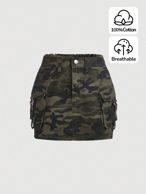 SHEIN Girlism Teen Girls' Casual High Waisted Camo Cargo Denim Mini Skirt