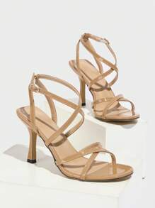 CUCCOO SZL 女士尖头性感漆皮 PU 交叉扣带罗马派对细高跟凉鞋 - 卡其色 - 查看 1