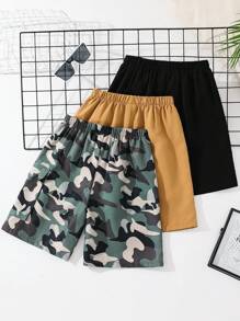 Tween Boy 3-Pack Grey Camouflage Pattern & Basic Sports Work Shorts,Summer Casual Hiking Multi-Pack,College Art Retro Style For Back To School - Black - View 3