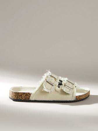 Solecia 女士圆头 Boken 流苏和水钻双扣带平底舒适休闲正装鞋，适合日常穿着、派对、通勤、百搭