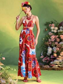 TIYA Frida Kahlo X SHEIN X Designer Summer Tropical Floral Printed Tie Backless Slip Jumpsuit , Women Vacation Outfits - Multicolor - View 6