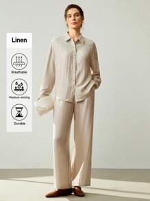 Uhlyne 女士春秋休闲通勤日常杏色亚麻长袖宽松两件套西装 - 杏色 - 查看 4