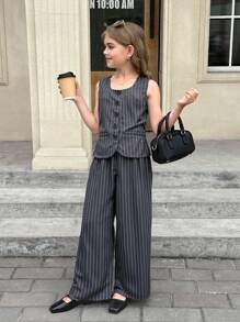 SHEIN Conjunto de 2 piezas con blazer sin mangas de cuello cuadrado a rayas y pantalones de pierna ancha para niña preadolescente - Gris Oscuro - Ver 11