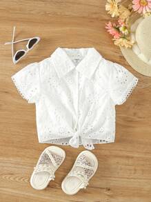 SHEIN Young Girls' Casual Solid Color Lace Detail Shirt For Spring And Summer - White - View 4