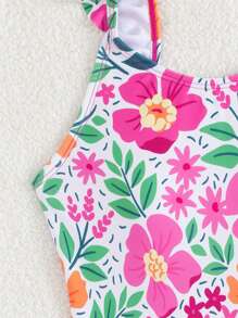 SHEIN Traje de baño de una pieza con estampado de criaturas marinas para niñas preadolescentes, con diseño de tirantes y volantes, elegante y de moda, adecuado para vacaciones, natación y playa en verano - Multicolor - Ver 4