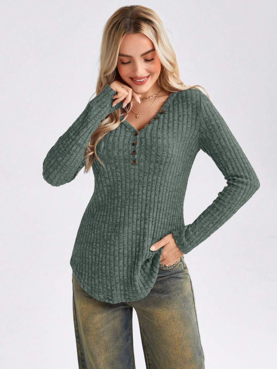 SHEIN LUNE Women's Ribbed Design V-Neck Long Sleeve T-Shirt - Dark Green - View 1