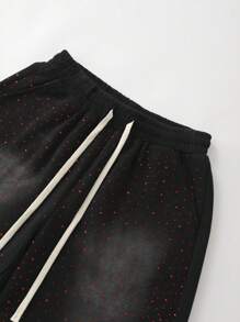 ROMWE MEN Men's Street Life Rhinestones Decor Printed Drawstring Waist Casual Fashion Shorts - Black - View 3