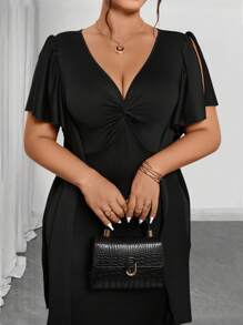 Elenzga Vestido de manga corta de unicolor y minimalista para mujer de talla grande - Negro - Ver 6