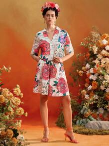 Frida Kahlo X SHEIN X Designer KATHARSIS Summer Floral Printed High-Waist Wide Leg Shorts Women Summer Outfits