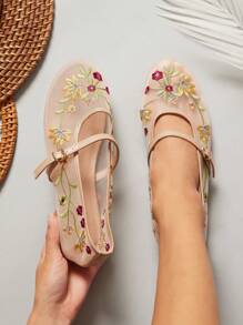 SHUZIA Wide-Fit Women's Closed Round Toe Embroidery Lace Flat Dress Shoes Wide Fit - Beige - View 3