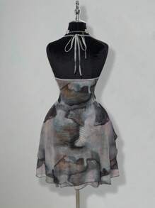 SHEIN ICON Mesh Print See-Through Asymmetrical Hem Halter Neck Tie Mini Dress,Club Outfits Women Sexy,Boho Clothes Women