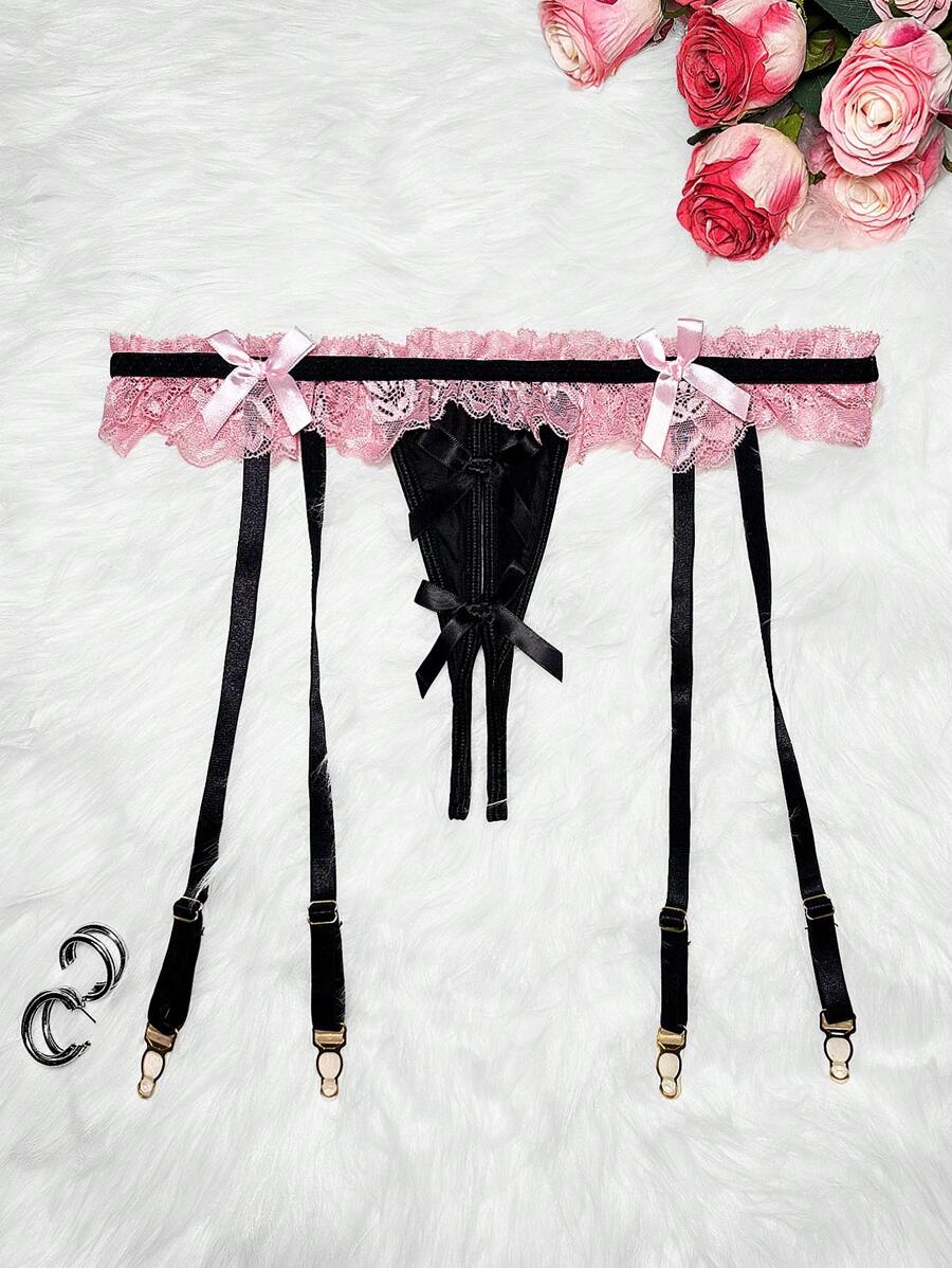 SHEIN 1pc Women Contrast Lace Bow Decorated Sexy Suspender Pantyhose - Pink - View 1