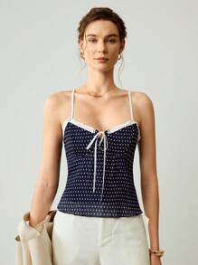 Uhlyne Camiseta de mujer con encaje, elegante Top con estampado de lunares y nudo frontal para uso casual al aire libre, primavera/verano - Azul Marino - Ver 7