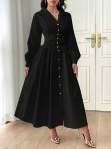 Modelyn Women's Front Button Solid Color Elegant Long Sleeve Dress Long Evening Dresses Button Up Shirt Dress - Black - View 3