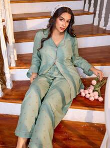 CottageSlumber 大码女式两件套浪漫碎花口袋长袖上衣+裤子睡衣套装，春夏秋季，繁花似锦，舒适优雅细节，秋冬服装