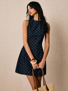 Poéselle New Women's Denim Dress Sleeveless Waist A-Line Dress Short Dress Jacquard Dress Dark Blue Autumn Clothing Going Out Clothing Casual Office Clothing Music Festival Clothing Y2K Clothing Back To School Clothing Pattern Dress Dark Blue Dresses Textured Dress