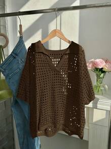 Comfortcana Plus Size Solid Color See-Through Hollow Out Casual Long Sleeve Sweater In Fall/Winter - Brown - View 5