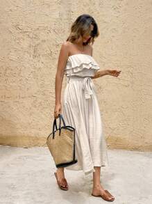 SHEIN Frenchy 女式休闲度假纯色荷叶边下摆抹胸连衣裙 - 杏色 - 查看 4