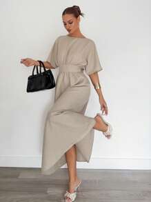 Siren Gaze 女式夏季休闲蝙蝠袖露背系腰中长连衣裙 - 杏色 - 查看 6