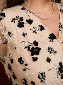 SHEIN Clasi Plus Size Women Long Sleeve Mesh & Flocked Dress, Elegant Summer Dress, Suitable For Outdoor Wear Fall Women Clothes Fall Clothes Autumn Business Casual - Multicolor - View 6