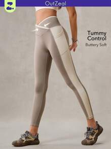 OutZeal Leggings vita alta con tasche laterali, effetto controllo addome, blocchi di colore, adatti per uso casual quotidiano