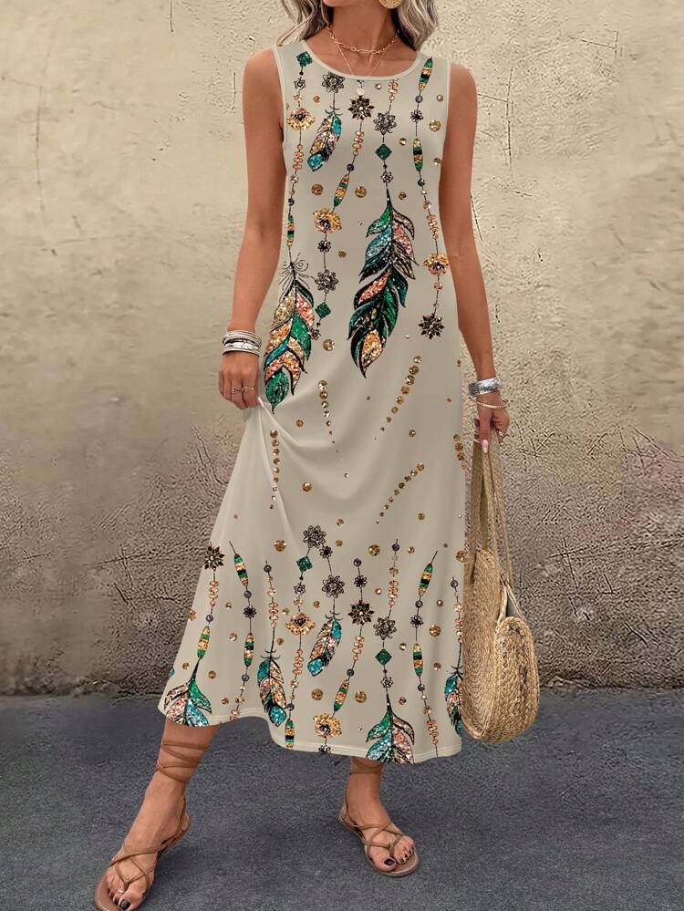 Women Feather Print Sleeveless Dress, Suitable For Summer Boho Summer Dress Women Beach Long Dress,Boho Clothes Women Suitable For Going Out Chic Dress,Casual
