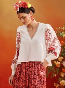 Frida Kahlo X SHEIN X Designer Oxana Placement Floral Print V Neck Flowy Puffy Long Sleeves Blouse Top Women Summer Vacation