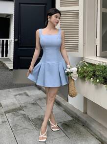 Modelyn Women's Sleeveless Solid Waffle Ruffle Collar Mini Dress, Summer - Blue - View 6