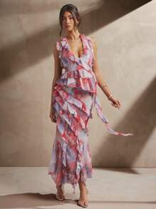 L'Amorae 印花优雅低领荷叶边无袖上衣 - 粉色 - 查看 3