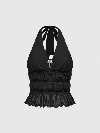 J-Fashion Débardeur décoratif à dos nu pour femmes avec pendentif métallique croix, style fête festive de style Y2K avec perles et dentelle brillante