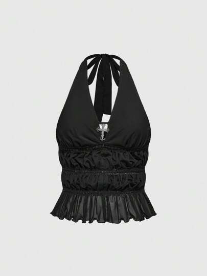 J-Fashion Y2K Party Girl Bling Bling Holiday Style Metallic Cross Pendant Beaded Lace Backless Decorative Women Halter Top