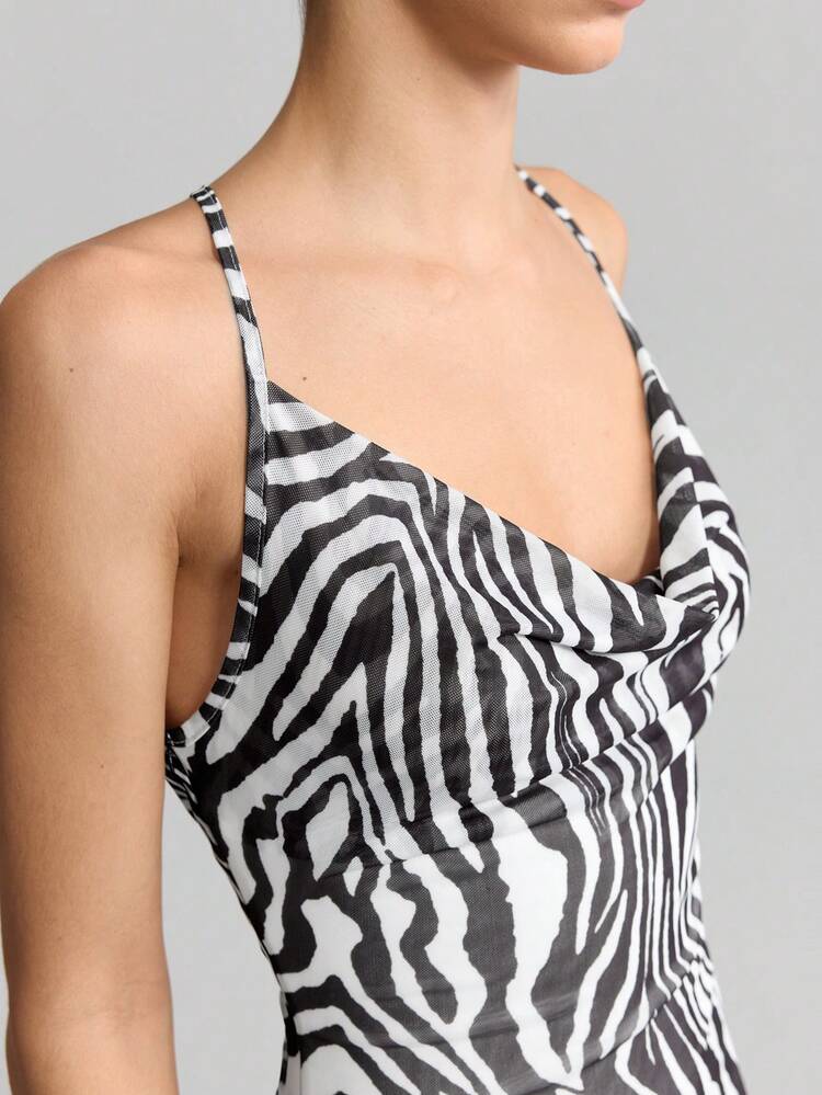 Women's White Animal Print,Summer,Seksi Chic,Party Night Zebra Print Spaghetti Strap Midi Dress,Vintage 2000s Sleeveless Back To School Casual Dress