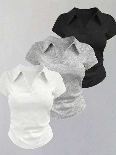 INAWLY 3件套女士夏季休闲纯色V领修身短袖T恤