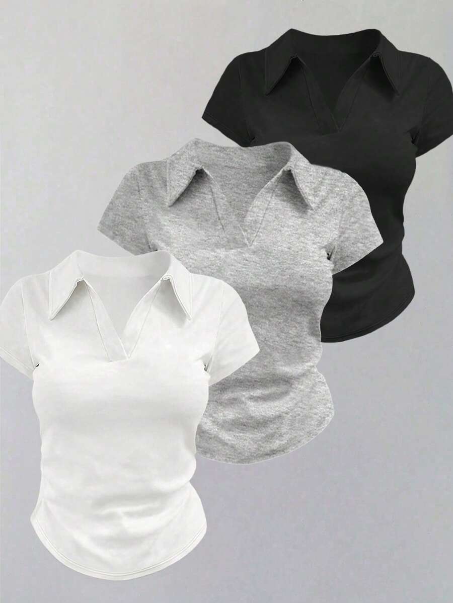 INAWLY 3件套女士夏季休闲纯色V领修身短袖T恤 - 灰色 - 查看 1