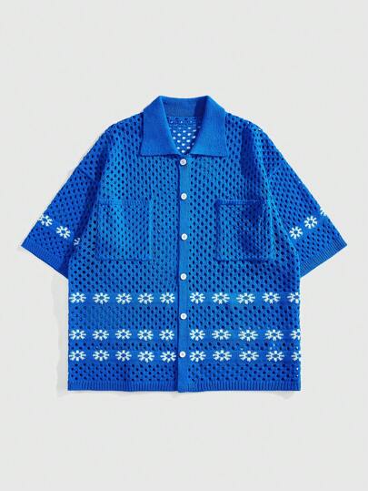 Street Life Herren locker geschnittener Strickjacke mit Blumenmuster, Hohlmuster, Einzelknopfleiste und Taschen, Lässig Pullover