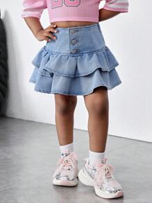SHEIN Young Girl Denim Ruffle Hem A-Line Skirt, Spring And Summer Casual Vacation - Light Wash - View 3