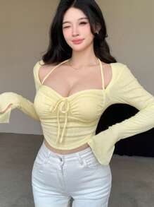 DAZY Women Solid Color Ruched Knot Front Long Sleeve Crop T-Shirt,Fall Clothes,Back To School Clothes - Yellow - View 6
