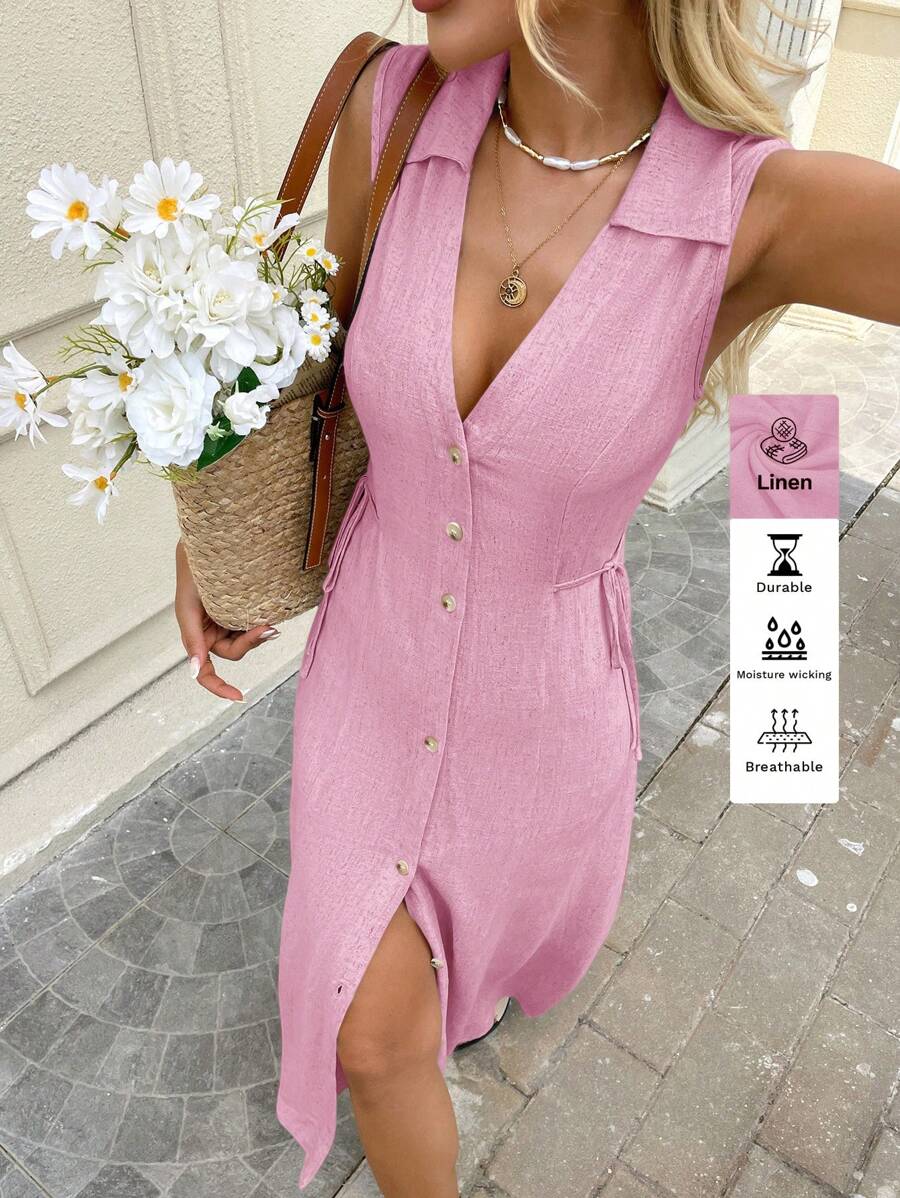SHEIN LUNE Vải lanh cổ áo sơ mi trang trí màu mơ váy dài vừa phải cho phụ nữ, thích hợp cho mùa xuân/hè ngoài trời và đi làm - Hồng - Xem 1