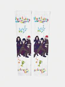 HARRY POTTER X SHEIN 1 par de mangas de sol de seda de hielo blanca con gráficos de personajes de dibujos animados y lemas - Multicolor - Ver 3