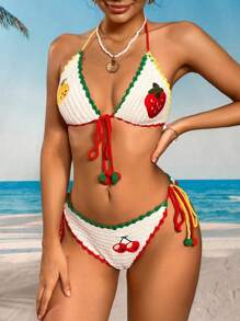 Swim Mod 2pcs/Set Women Embroidered Cute Strawberry, Lemon, Cherry Contrast Color Cover Up, Crochet, Casual, Suitable For Spring, Summer, Beach, Party