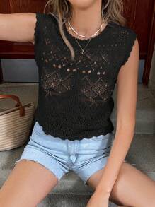 SHEIN Frenchy Women's Vacation Casual Solid Color Hollow Out Knitted Blouse Summer Black - Black - View 6