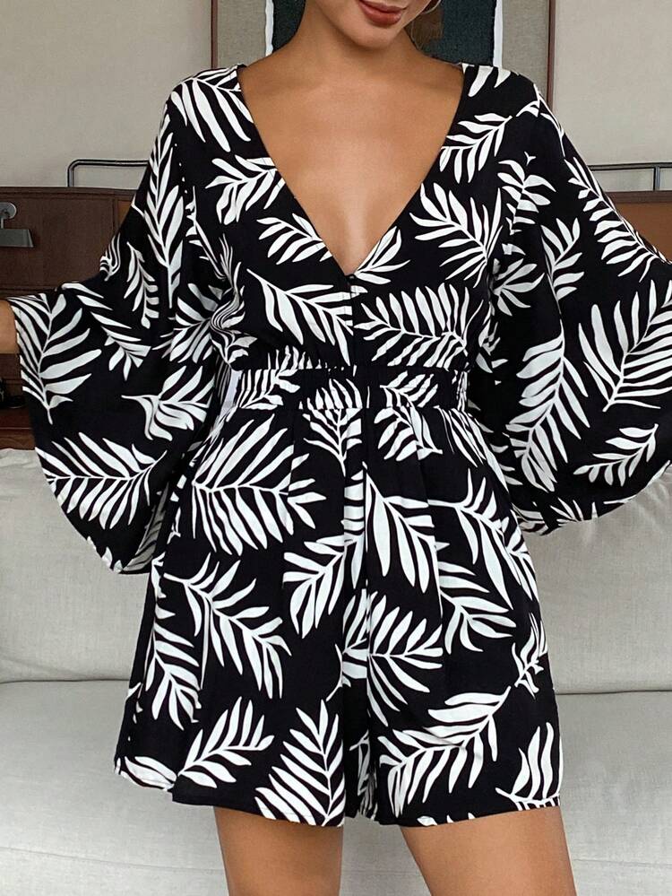 Resort Plant Print Deep V-Neck Women's Jumpsuit Pajamas