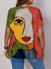 EMERY ROSE Plus Size Women Abstract Face Print Casual Loose Short Sleeve T-Shirt, Suitable For Summer