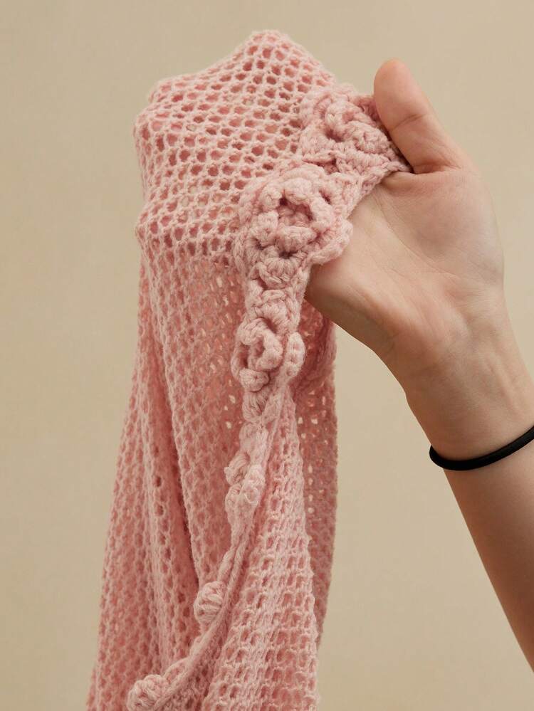 Women's Elegant Vacation Fitted Hand-Crocheted Rose Pink Hollow-Out Knit Cover-Up Dress For Summer
