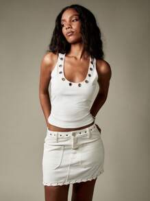 MISSGUIDED Denim Mini Skirt Eyelet Detail Festival Clothing Contemporary Fashion Grommets Detail Summer Party Beach Club Wear Statement Piece - White - View 5