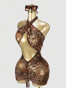 SHEIN SXY Sexy Sheer Leopard Print Hollow Out Halter Neck Mini Dress,Summer Outfits For Women,Cheetah Print,Mesh,Club Outfits Women Sexy,Going Out  ,Club Outfits,Streetwear Women
