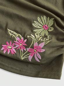 ROMWE Hippie 夏季复古风格弹力短袖T恤，带有刺绣花卉和贴花设计，适合海滩、派对、音乐节，合身舒适 - 綠色 - 查看 3