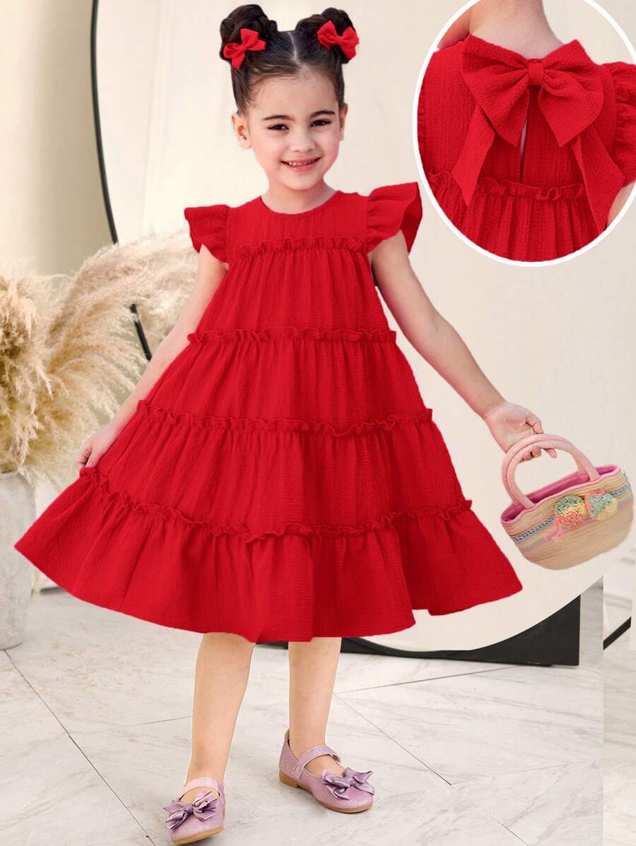 SHEIN Kleine Mädchen Kleid mit einfarbigem Rüschenbesatz, figurbetonter Schnitt, Rundhalsausschnitt - Rot - Übersicht 1